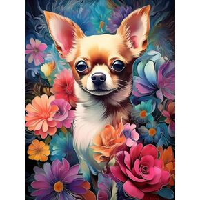 DIY Diamond Art Painting Kits for Adults Chihuahua Dog and Flowers 5D Diamond Art Easy for Beginner Round Full Drill Cross Stitch Mosaic Gems Craft for Hobby and Home Decor 30x40cm(a2)