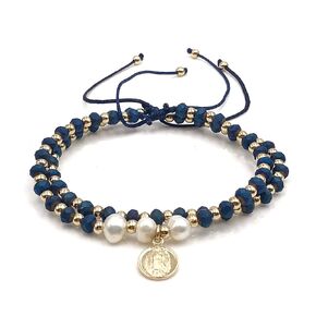 Dainty Pearls Our Lady of Guadalupe Medal Adjustable Set of 2 Bracelets For Women