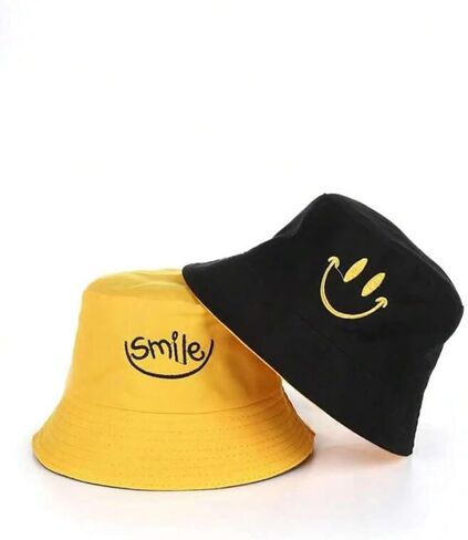 Unisex Reversible Bucket Hat Embroidery Pattern Smiley Face Yellow in Saudi Arabia