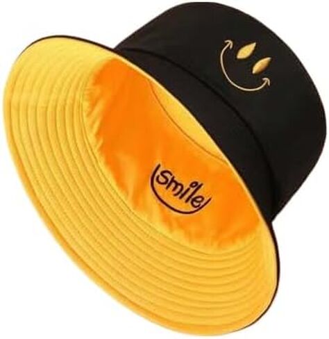 Unisex Reversible Bucket Hat Embroidery Pattern Smiley Face Yellow in Saudi Arabia