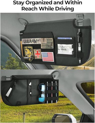 منظم لوحة واقي الشمس للسائق من ISSYAUTO متوافق مع F150 F250 F350 2015-2023، منظم حاجب السيارة مولي التكتيكي، حامل النظارات الشمسية وحقيبة تخزين الأدوات (جانب السائق) in Kuwait