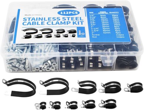 Pipe Clamp Tools Material Is Stainless Steel,112PCS Cable Clamp Kit, Including Dimensions OF 1/4" 5/16" 3/8" 1/2" 5/8" 3/4" 1" 1-1/4" 1-3/4" 2", Suitable For Various Wires And Pipelines in Saudi Arabia