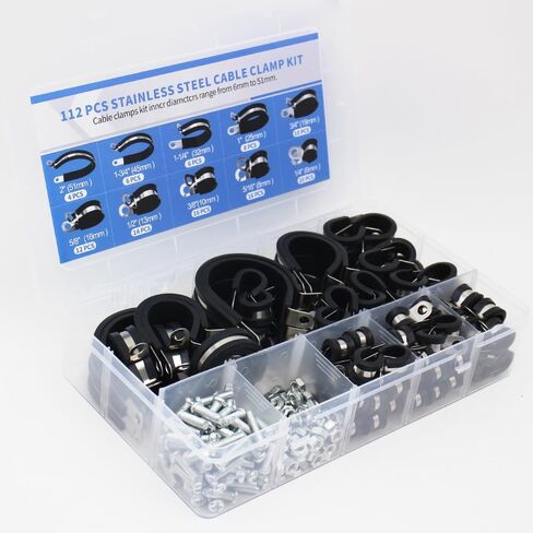 Pipe Clamp Tools Material Is Stainless Steel,112PCS Cable Clamp Kit, Including Dimensions OF 1/4" 5/16" 3/8" 1/2" 5/8" 3/4" 1" 1-1/4" 1-3/4" 2", Suitable For Various Wires And Pipelines in Saudi Arabia