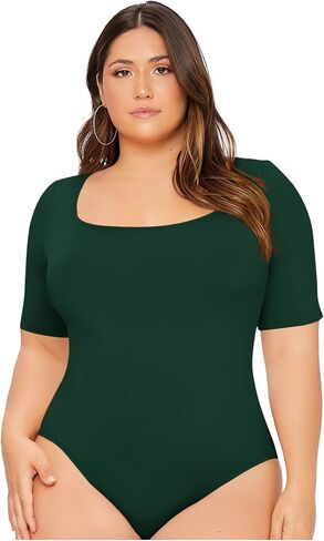 OYOANGLE Women's Plus Size Basic Short Sleeve Bodysuit Scoop Neck T Shirts Bodysuit Dark Green 3XL in Saudi Arabia