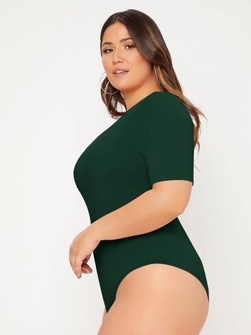 OYOANGLE Women's Plus Size Basic Short Sleeve Bodysuit Scoop Neck T Shirts Bodysuit Dark Green 3XL in Saudi Arabia