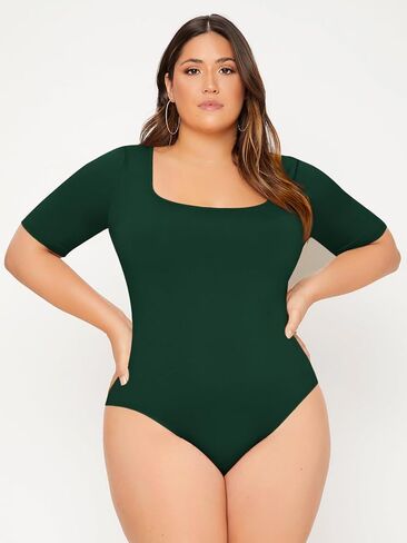 OYOANGLE Women's Plus Size Basic Short Sleeve Bodysuit Scoop Neck T Shirts Bodysuit Dark Green 3XL in Saudi Arabia