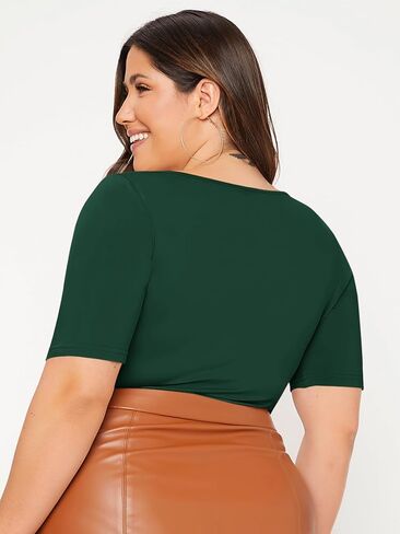 OYOANGLE Women's Plus Size Basic Short Sleeve Bodysuit Scoop Neck T Shirts Bodysuit Dark Green 3XL in Saudi Arabia