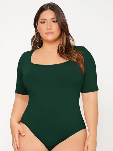 OYOANGLE Women's Plus Size Basic Short Sleeve Bodysuit Scoop Neck T Shirts Bodysuit Dark Green 3XL in Saudi Arabia
