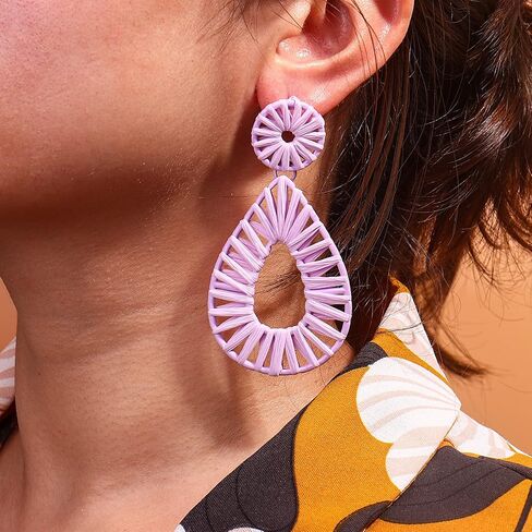 Boho Raffia Earrings Statement Teardrop Earrings Drop Dangle Bohemian Earrings for Women Cute Handmade Earring for Girls in Saudi Arabia