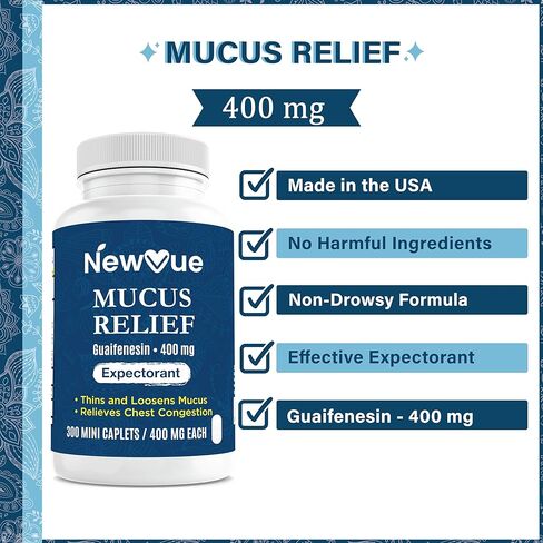 Mucus Relief Guaifenesin 400 mg مقشع سريع المفعول، رقيق ويخفف المخاط والسعال والبرد والأنفلونزا أقارنه بالمكونات النشطة Mucinex (صغير، عدد 300) in Kuwait