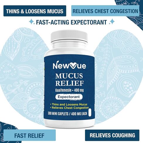 Mucus Relief Guaifenesin 400 mg مقشع سريع المفعول، رقيق ويخفف المخاط والسعال والبرد والأنفلونزا أقارنه بالمكونات النشطة Mucinex (صغير، عدد 300) in Kuwait