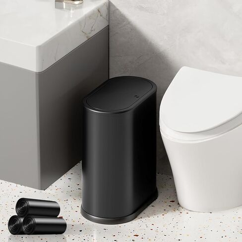 Stainless Steel Bathroom Trash Cans 1.8 Gallons Small Garbage Can with Pop up Lid, Metal Narrow Wastebasket, Slim Waterproof Litter Trash Bins for Bedroom, Toilet, Office,Dorm(Black) in Saudi Arabia