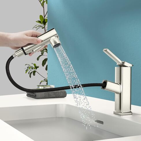 Single Hole Bathroom Faucet, Single Handle Modern Pull Out Bathroom Sink Faucet with 3 Water Flow Modes, Fountain Bathroom Faucets with Sprayer (Black, Regular) in Saudi Arabia