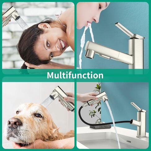 Single Hole Bathroom Faucet, Single Handle Modern Pull Out Bathroom Sink Faucet with 3 Water Flow Modes, Fountain Bathroom Faucets with Sprayer (Black, Regular) in Saudi Arabia