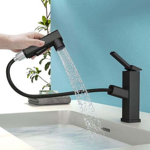 Single Hole Bathroom Faucet, Single Handle Modern Pull Out Bathroom Sink Faucet with 3 Water Flow Modes, Fountain Bathroom Faucets with Sprayer (Black, Regular) in Saudi Arabia