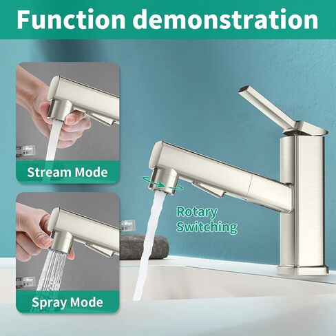 Single Hole Bathroom Faucet, Single Handle Modern Pull Out Bathroom Sink Faucet with 3 Water Flow Modes, Fountain Bathroom Faucets with Sprayer (Black, Regular) in Saudi Arabia
