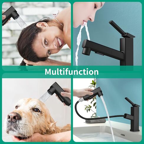 Single Hole Bathroom Faucet, Single Handle Modern Pull Out Bathroom Sink Faucet with 3 Water Flow Modes, Fountain Bathroom Faucets with Sprayer (Black, Regular) in Saudi Arabia