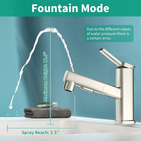 Single Hole Bathroom Faucet, Single Handle Modern Pull Out Bathroom Sink Faucet with 3 Water Flow Modes, Fountain Bathroom Faucets with Sprayer (Black, Regular) in Saudi Arabia