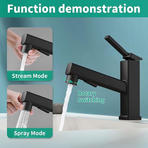 Single Hole Bathroom Faucet, Single Handle Modern Pull Out Bathroom Sink Faucet with 3 Water Flow Modes, Fountain Bathroom Faucets with Sprayer (Black, Regular) in Saudi Arabia