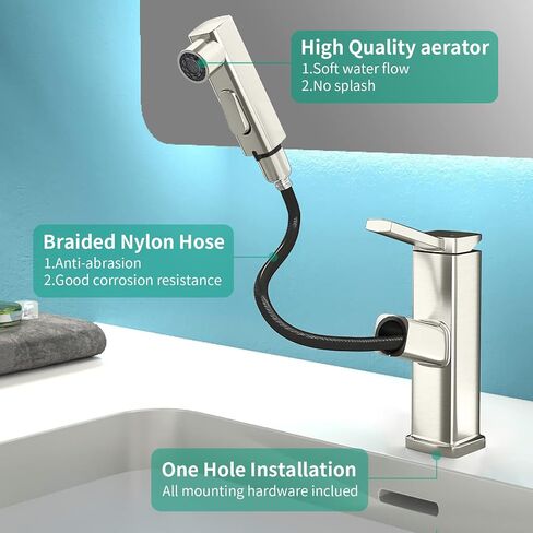 Single Hole Bathroom Faucet, Single Handle Modern Pull Out Bathroom Sink Faucet with 3 Water Flow Modes, Fountain Bathroom Faucets with Sprayer (Black, Regular) in Saudi Arabia