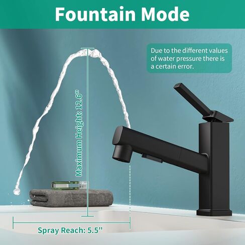 Single Hole Bathroom Faucet, Single Handle Modern Pull Out Bathroom Sink Faucet with 3 Water Flow Modes, Fountain Bathroom Faucets with Sprayer (Black, Regular) in Saudi Arabia