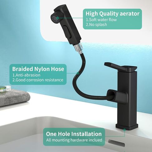 Single Hole Bathroom Faucet, Single Handle Modern Pull Out Bathroom Sink Faucet with 3 Water Flow Modes, Fountain Bathroom Faucets with Sprayer (Black, Regular) in Saudi Arabia