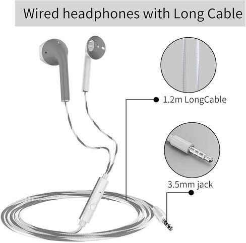 سماعات أذن سلكية مقاس 3.5 ملم، سماعات أذن سلكية مدمجة وخفيفة الوزن، سماعات عازلة للضوضاء للعمل والموسيقى (أبيض ورمادي) in Kuwait