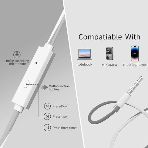 سماعات أذن سلكية مقاس 3.5 ملم، سماعات أذن سلكية مدمجة وخفيفة الوزن، سماعات عازلة للضوضاء للعمل والموسيقى (أبيض ورمادي) in Kuwait