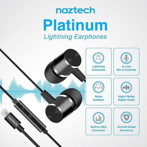 Naztech Platinum Lightning Earphones with Mic - Apple MFi Certified, Advanced Premium Noise Isolating Fit with Controls, In-Ear Wired Earbuds for iPhone, iPad & iPods- Black in Kuwait