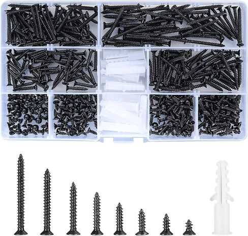 420 Pcs M3 Flat Head Wood Screws Assortment Kit, Phillips Drive Countersunk Head Self-Tapping Fasteners Screws, Carbon Steel Wood Screws, Contains 20 Pcs M6 Screw Anchors (Black) in Saudi Arabia