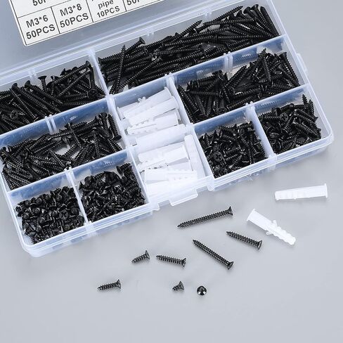 420 Pcs M3 Flat Head Wood Screws Assortment Kit, Phillips Drive Countersunk Head Self-Tapping Fasteners Screws, Carbon Steel Wood Screws, Contains 20 Pcs M6 Screw Anchors (Black) in Saudi Arabia
