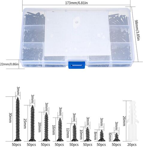 420 Pcs M3 Flat Head Wood Screws Assortment Kit, Phillips Drive Countersunk Head Self-Tapping Fasteners Screws, Carbon Steel Wood Screws, Contains 20 Pcs M6 Screw Anchors (Black) in Kuwait