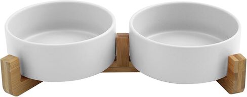 SADIE & SIMBA Ceramic Cat Bowls Dog Bowl Set with Raised Bamboo Stand for Cats Small Dog Puppy (2 Cups) (Small, White) in Saudi Arabia