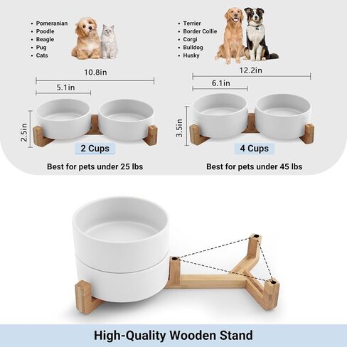 SADIE & SIMBA Ceramic Cat Bowls Dog Bowl Set with Raised Bamboo Stand for Cats Small Dog Puppy (2 Cups) (Small, White) in Saudi Arabia