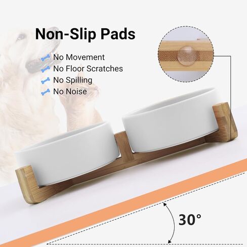 SADIE & SIMBA Ceramic Cat Bowls Dog Bowl Set with Raised Bamboo Stand for Cats Small Dog Puppy (2 Cups) (Small, White) in Saudi Arabia