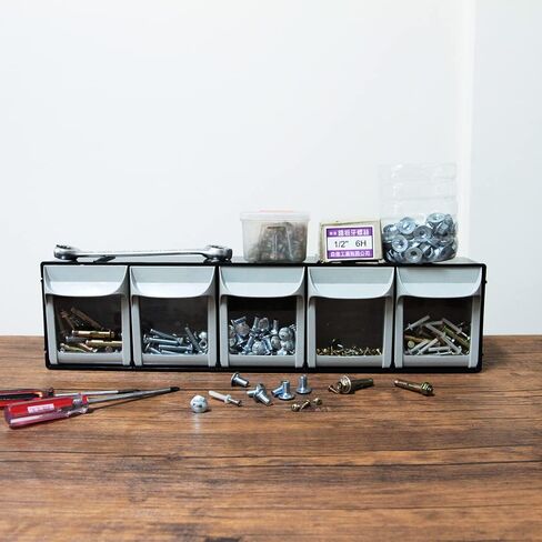 SHUTER Plastic Small Parts Organizer, Dental Tilt out Storage Container System, Tip Out bin for screws, nuts, small tools, Kits Included, Stackable Storage Bins with 5 Drawers, Black, FO-605-BK in Saudi Arabia
