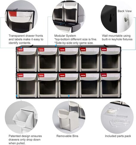 SHUTER Plastic Small Parts Organizer, Dental Tilt out Storage Container System, Tip Out bin for screws, nuts, small tools, Kits Included, Stackable Storage Bins with 5 Drawers, Black, FO-605-BK in Saudi Arabia