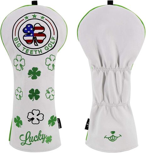 Big Teeth Golf Cover Lucky Clover Headcover Covers, Driver Fairway Wood Hybrid Headcovers Fits Blade Mallet Putter Iron and Woods with Magnetic White Shamrock Head Club Protector Leather in Saudi Arabia