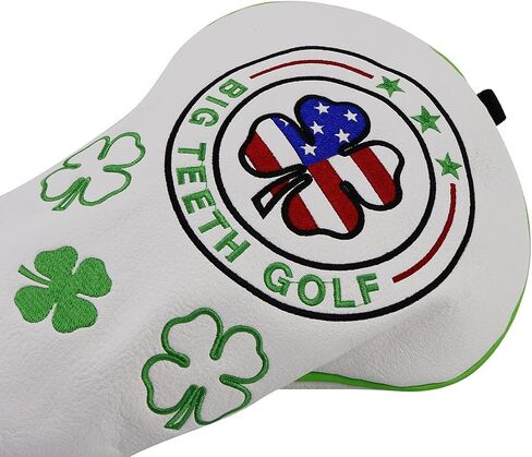 Big Teeth Golf Cover Lucky Clover Headcover Covers, Driver Fairway Wood Hybrid Headcovers Fits Blade Mallet Putter Iron and Woods with Magnetic White Shamrock Head Club Protector Leather in Saudi Arabia