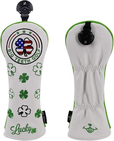 Big Teeth Golf Cover Lucky Clover Headcover Covers, Driver Fairway Wood Hybrid Headcovers Fits Blade Mallet Putter Iron and Woods with Magnetic White Shamrock Head Club Protector Leather in Saudi Arabia