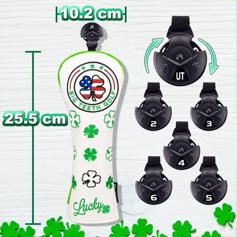 Big Teeth Golf Cover Lucky Clover Headcover Covers, Driver Fairway Wood Hybrid Headcovers Fits Blade Mallet Putter Iron and Woods with Magnetic White Shamrock Head Club Protector Leather in Saudi Arabia