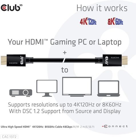 كابل Club3D CAC-1372 فائق السرعة HDMI 2.1 معتمد 4K 120 هرتز 8K 60 هرتز M/M 2 متر - 6.56 قدم in Saudi Arabia