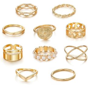 10pcs Jewelry For Women Rings 14k Gold Plated Ring Sets Non Tarnish Dainty Trendy Stacking Rings Jewelry Simple Fashion Cute Stackable Delicate Packaging Costume Jewelry Rings Plain Band Size