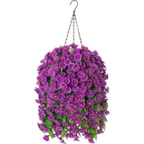 Artificial Faux Hanging Flowers Basket for Spring Summer Outdoor Porch Decoration, Fake Silk Colorful Morning Glory Eucalyptus in Planter UV Resistant for Home Balcony Yard(Red Purple)