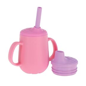 Nuby 3-Stage Training Cup Set - Silicone Tumbler with Spout and Straw Combo - 4 oz - 6+ Months - Pink and Purple
