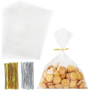 Egofine Clear Small Treat Bags, 200 Pcs 4x6 Inches Cellophane Bags with 200 Twist Ties for Gift Wrapping, Packaging Candy, Candies, Goodie, Party Favors