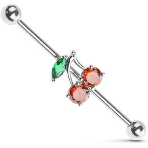 Pierced Owl 14GA 316L Stainless Steel CZ Crystal Cherry Industrial Barbell