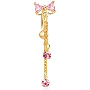 Bow Belly Button Rings 14G Surgical Stainless Steel Gold Reverse Dangle Navel Barbell Stud Cubic Zirconia Body Piercing