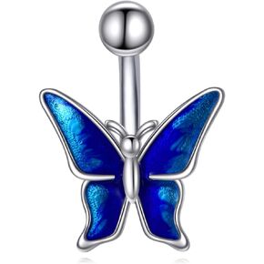 POPLYKE 925 Sterling Silver Blue Butterfly Belly Button Spike
