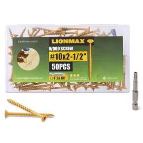 LIONMAX Deck Screws 2-1/2 Inch, Wood Screws #10 x 2-1/2", 50 PCS, Rust Resistant, Exterior Epoxy Coated, Outdoor Decking Screws, Torx/Star Drive Head Deck Screw, T25 Star Bit Included, Tan